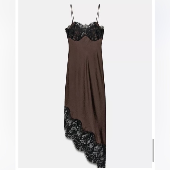 Zara Dresses & Skirts - Zara NWT ZW Collection asymmetric satin lace dress brown 4772/113